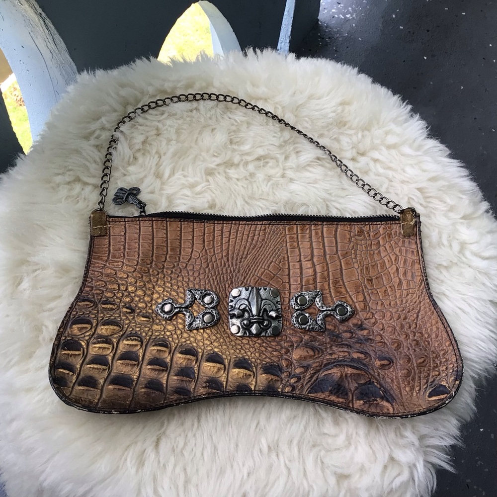 Papa & k Metallic Bronze Leather Croc-Embossed Top Zip Metal Accent Handbag